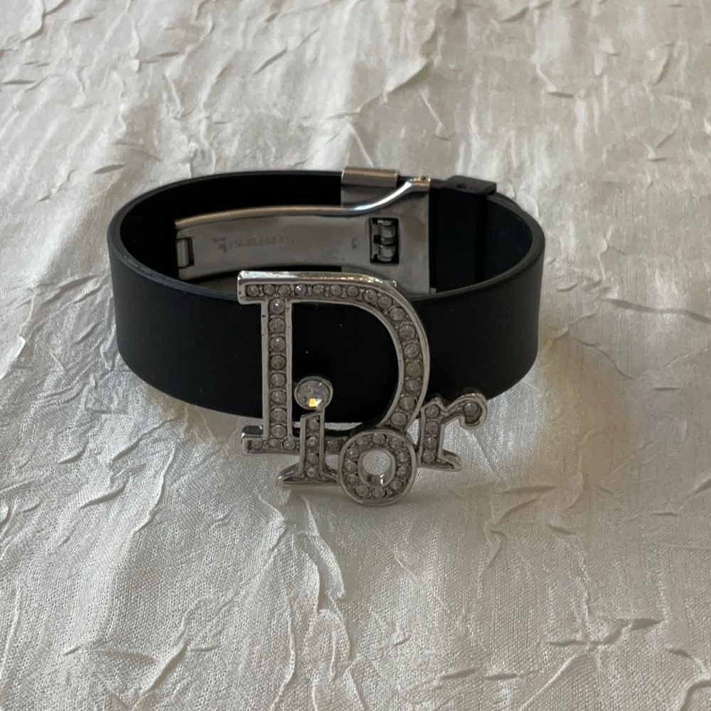 Dior Black Rubber Bracelet with Crystal-Embellished Logo